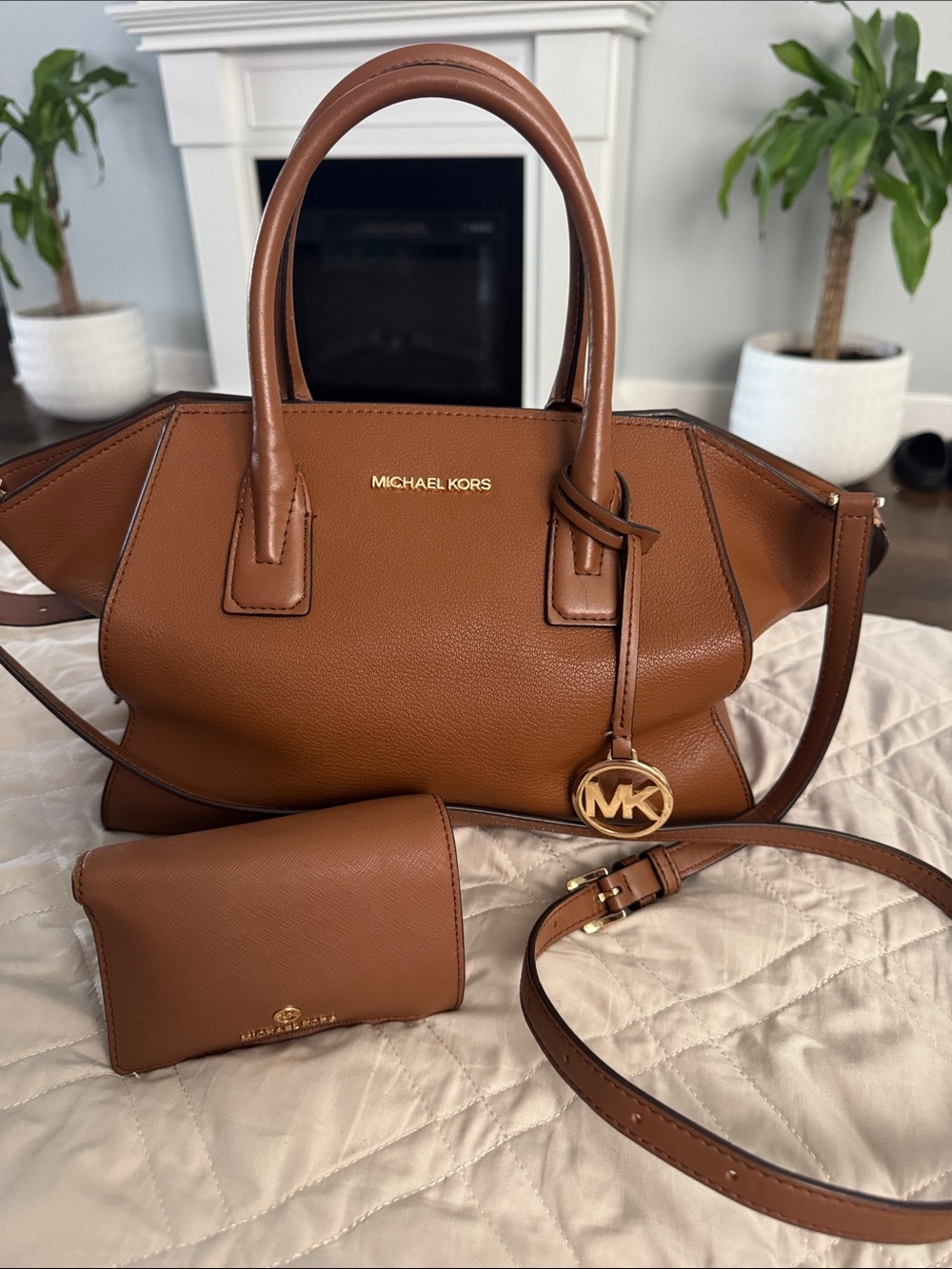 Michael Kors Chestnut Brown Leather Satchel with MK Charm